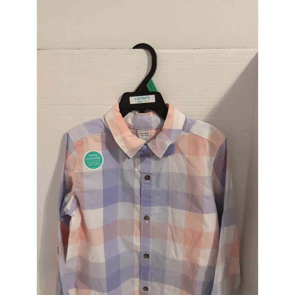 New Carter's Boys 5T Pastel Checkered Button Down Dress Shirt &‎ Bowtie